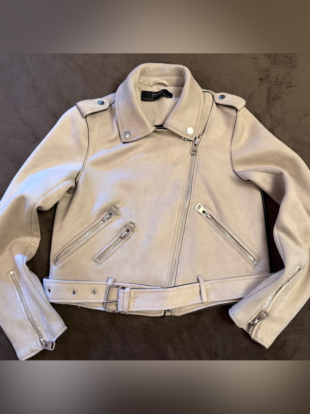 ZARA Basic Women Faux Suede Belted Moto Jacket Asymmetric Zip Light Gray, Small